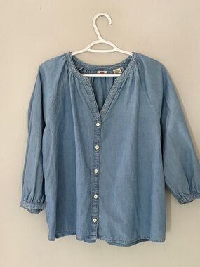 Levi's Lainey Chambray Denim Blouse 3/4 Puff Sleeve Blue L Boho Peasant Coastal